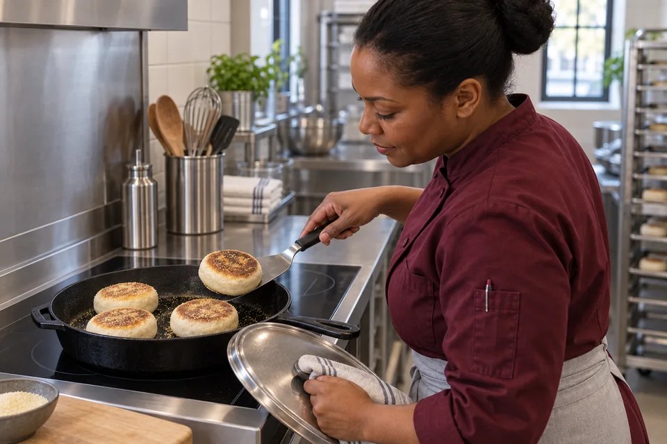 A spatula turns an English muffin in a skillet holding four muffins.