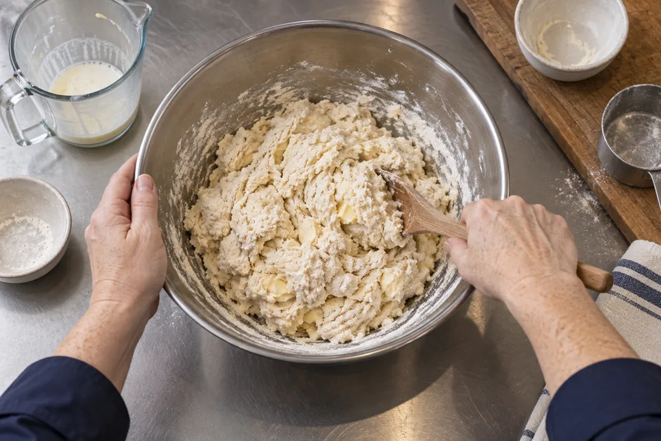 A wooden spoon folds a shaggy soda bread dough in a steel bowl.