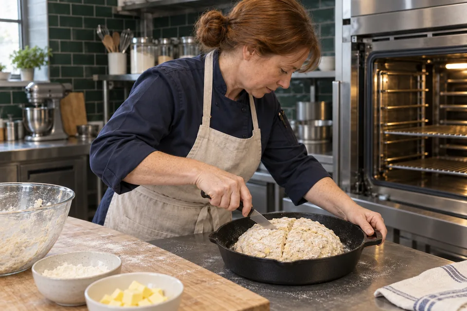 Baker cuts a cross into a rough round soda bread dough in a skillet.