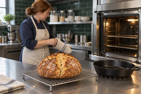 One whole cross-topped soda bread loaf cools on a wire rack beside its empty skillet.