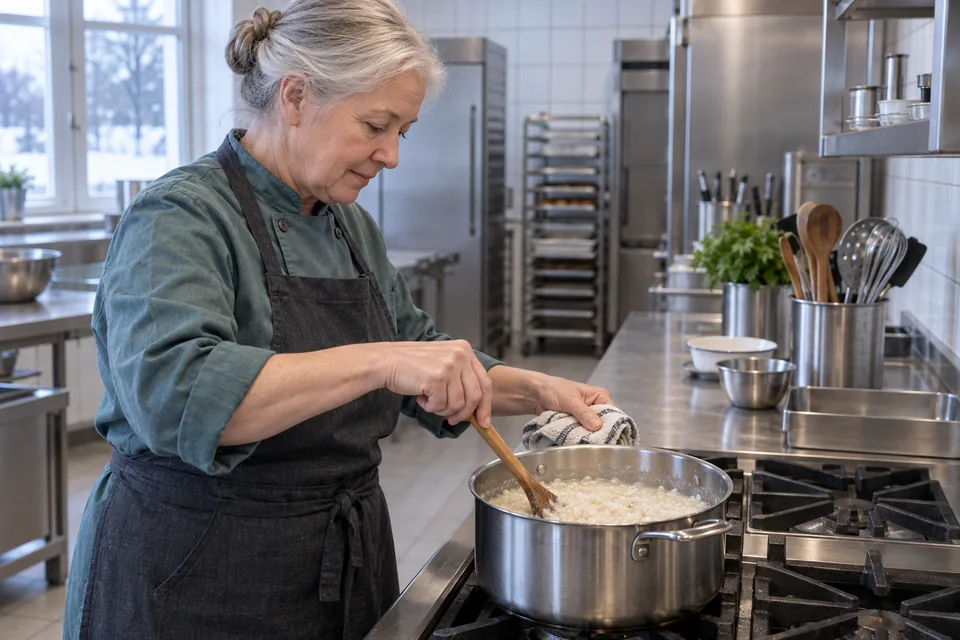 Baker stirs creamy rice porridge in a heavy saucepan.