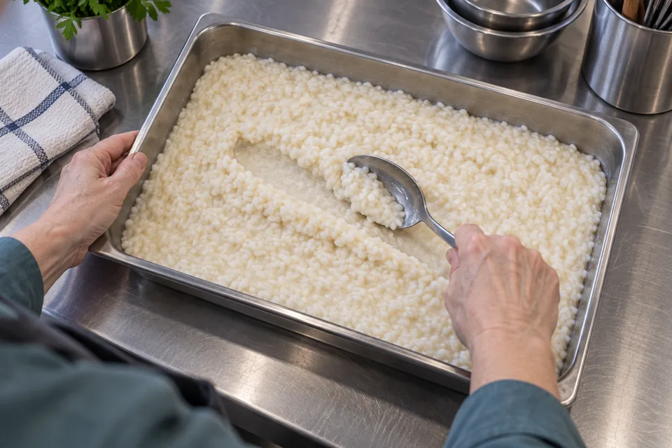 A spoon leaves a shallow track through thick rice filling spread in a cooling tray.