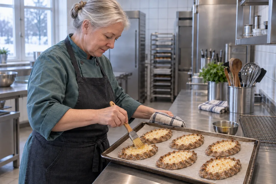 Baker brushes melted butter onto a baked rice pie on a tray of six.