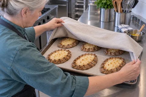 A light cloth is draped over a tray of baked Karelian rice pies.