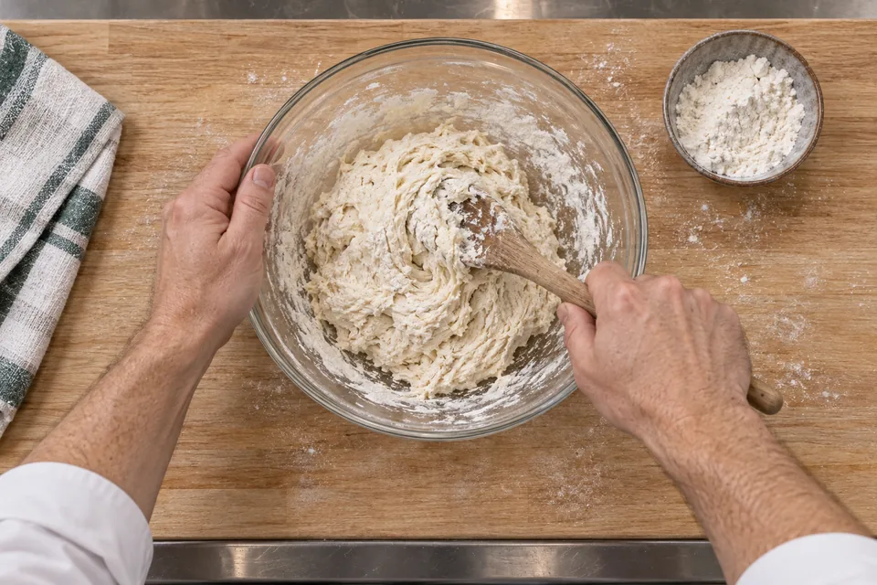 Hands mix shaggy pretzel dough with a wooden spoon in a glass bowl.