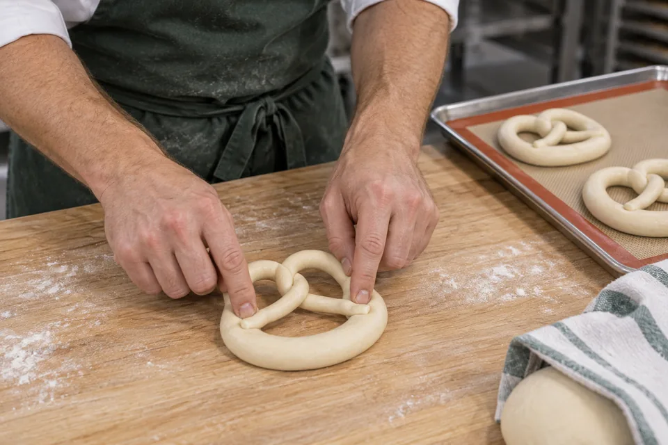 Fingertips attach the ends of a shaped raw pretzel to its lower curve.