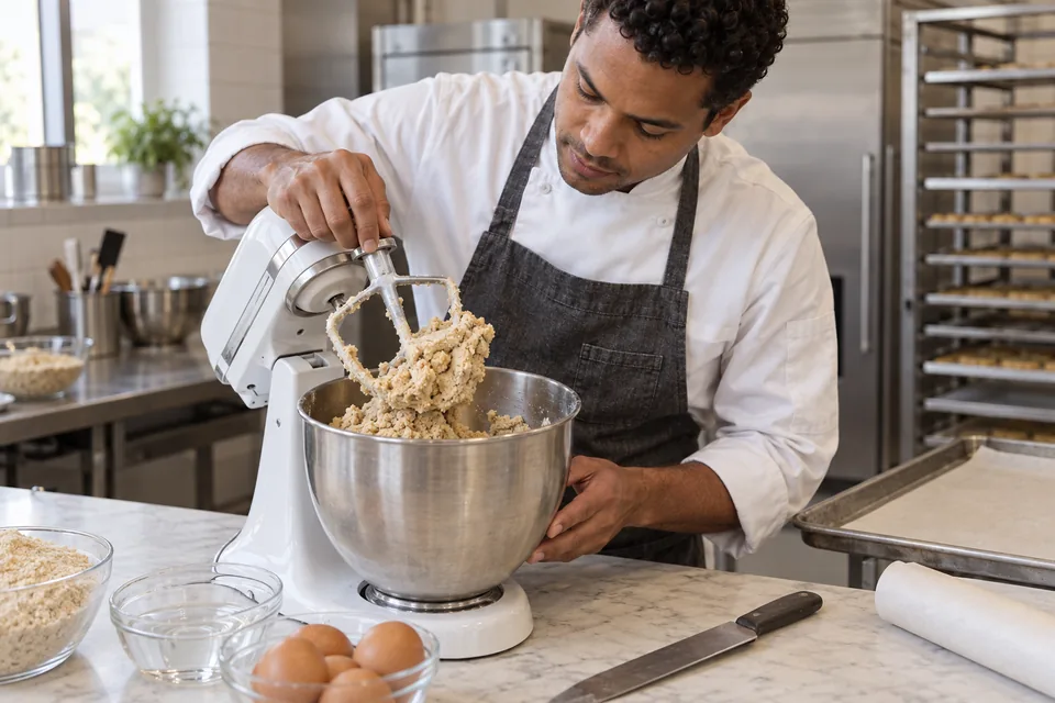 A baker checks cohesive almond cookie dough in a stopped mixer.