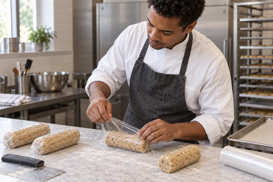 Four almond dough logs, with one being wrapped for chilling.