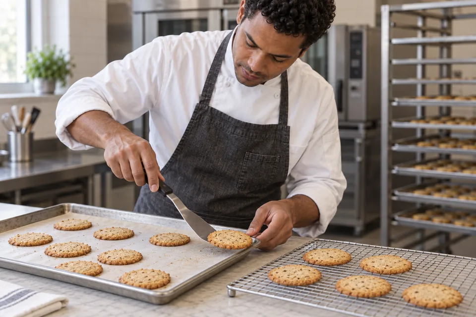 Golden almond cookies being transferred from a tray to a cooling rack.
