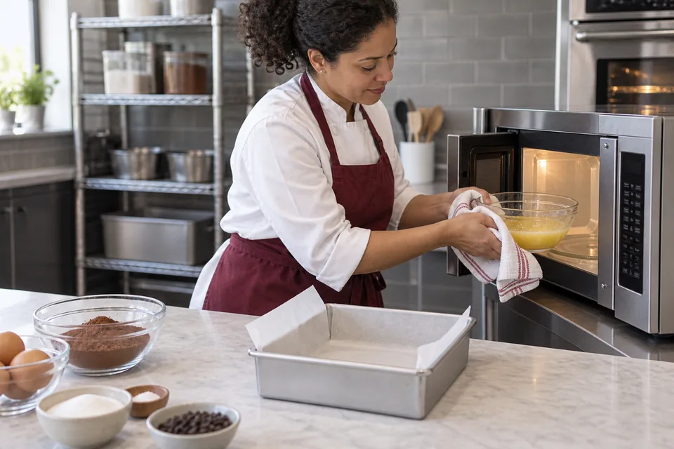 A baker removes a glass bowl of melted butter and sugar from a microwave.