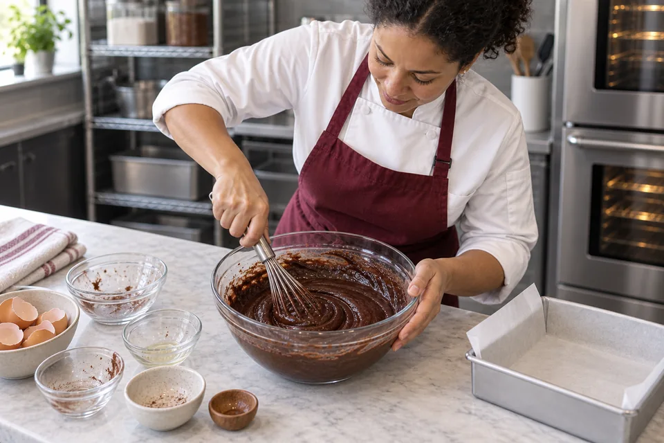 A baker whisks a glossy chocolate mixture in a clear bowl.