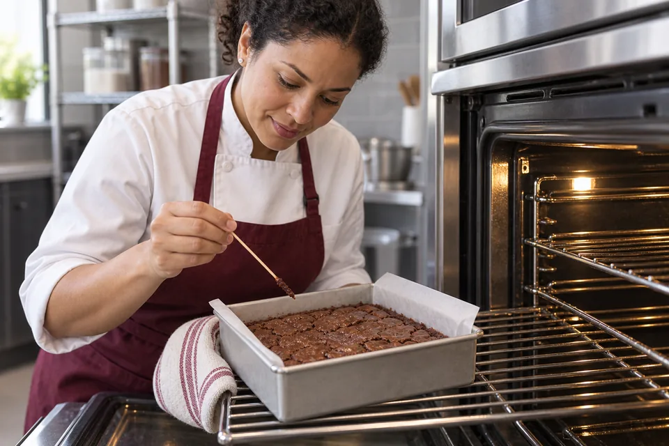 A baker uses a wooden tester to check the centre of a square brownie slab.