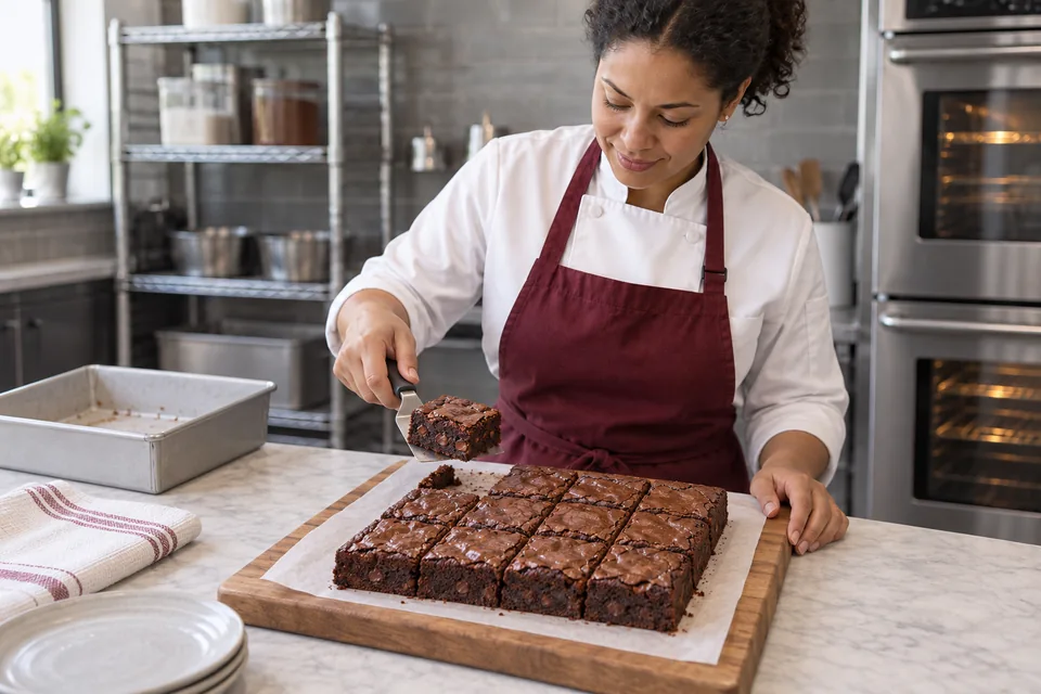 A brownie square is lifted above its matching corner gap in the cooled slab.