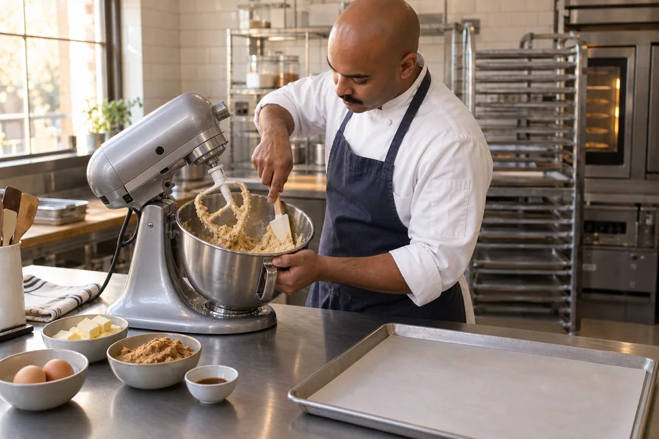 A stopped mixer holds creamed butter and sugar while a baker scrapes the bowl.