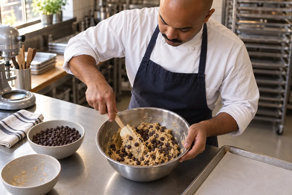 Chocolate chips being folded into thick cookie dough.