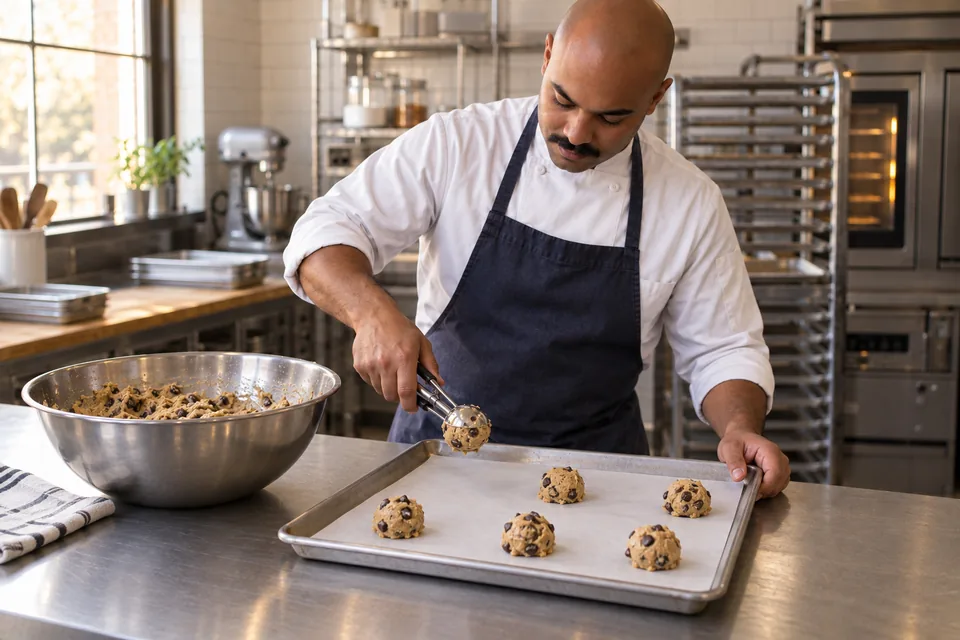 Large cookie dough portions on a lined tray, with one portion in the scoop.