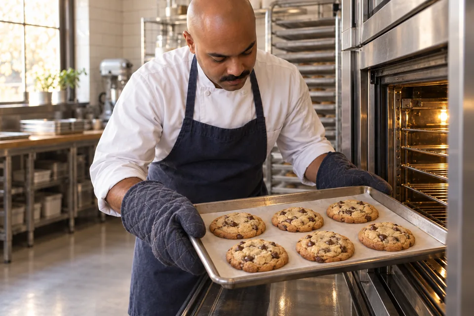 A baker removes a tray of thick, golden-edged chocolate chip cookies.