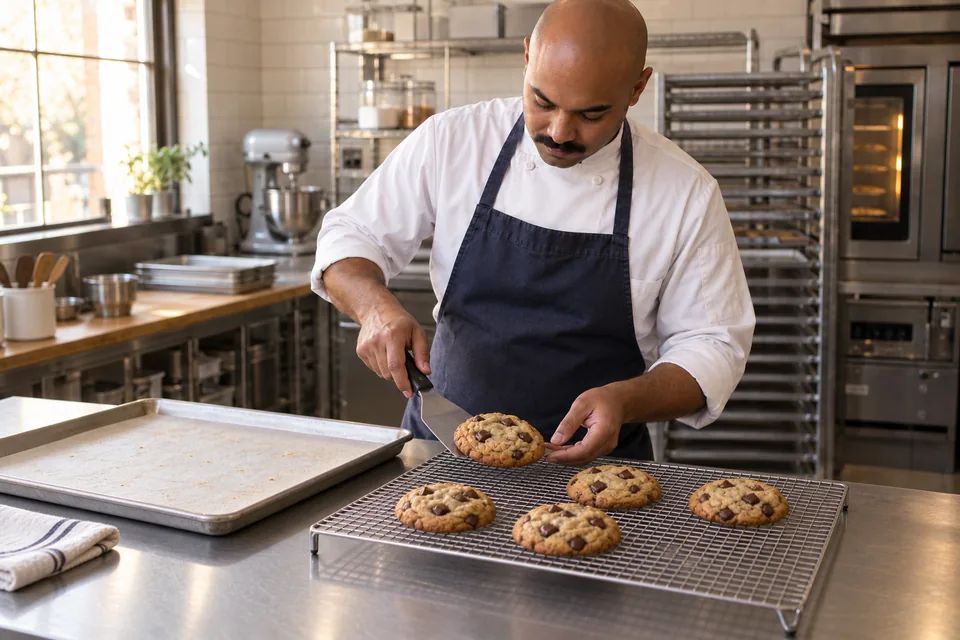A thick chocolate chip cookie being moved onto a rack with part of the batch.