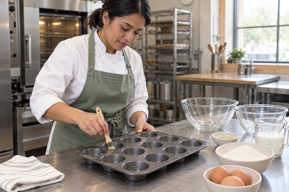A baker greases a twelve-well muffin pan.