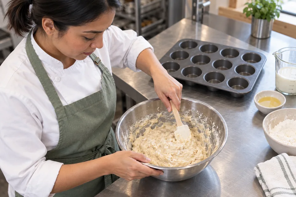 A spoon turns through lumpy muffin batter in a mixing bowl.