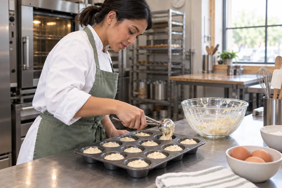 Muffin batter portioned into a twelve-well pan.