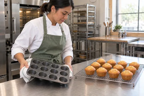 Twelve golden muffins cool on a rack beside the empty muffin pan.