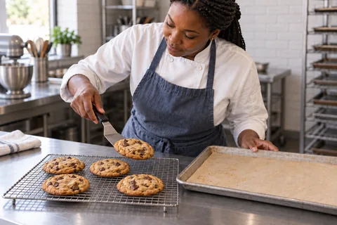 A partial batch of golden chocolate chip cookies cooling on a wire rack.