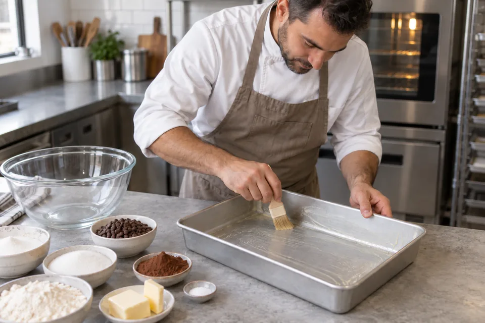 A baker prepares an empty rectangular brownie pan.