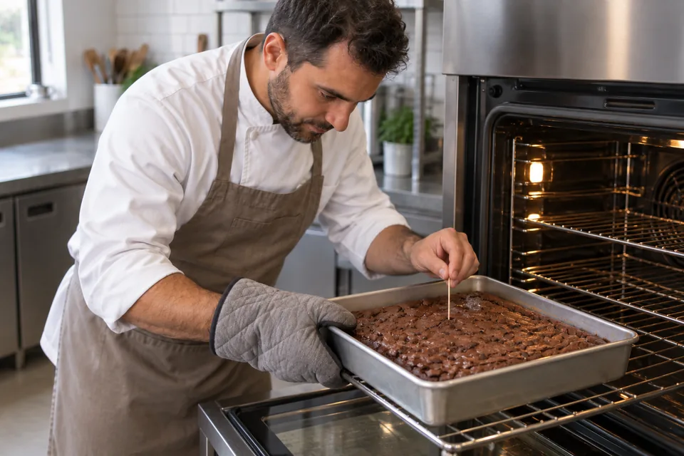 A baker checks a baked brownie slab with a wooden tester at the oven.