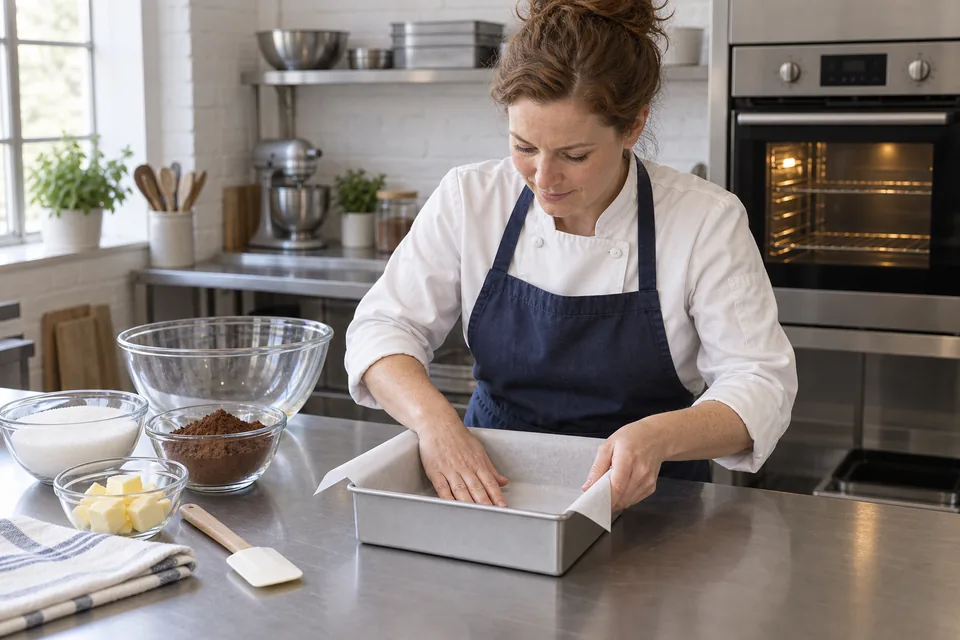 A baker lines an empty square pan with parchment.