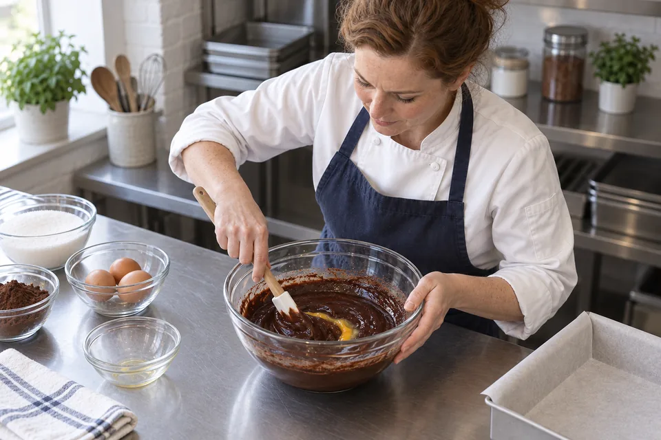 An egg being stirred into the chocolate mixture on the worktop.