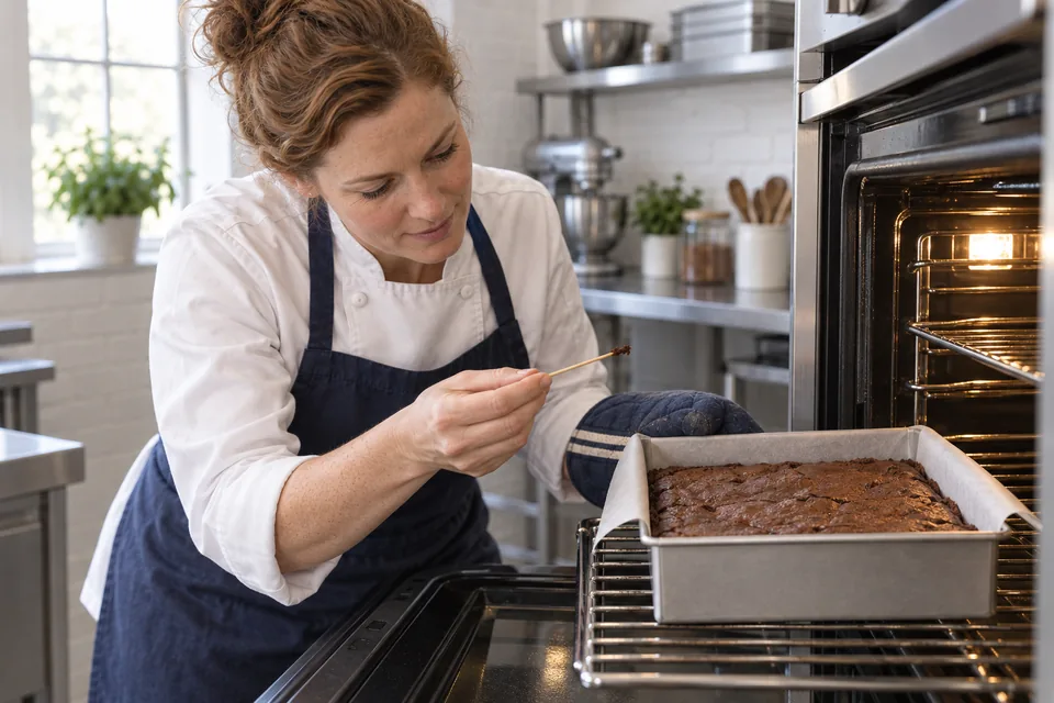 A baker examines the brownie tester beside a square pan at the oven.