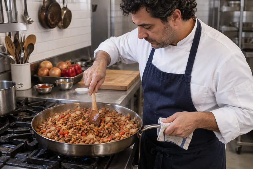 A cook stirs browned minced beef, softened onions and red pepper in a wide skillet.