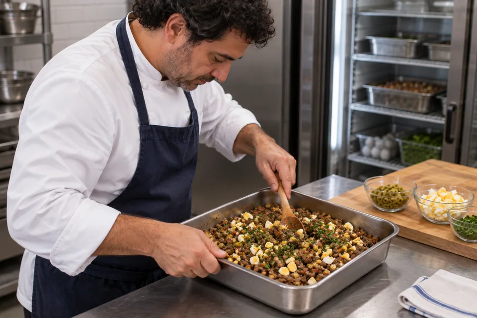 The cook mixes chopped eggs, green olives and herbs through beef filling in a shallow container.