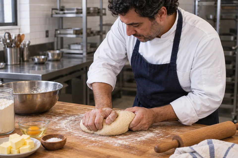 The cook kneads a firm pastry dough on a wooden board.