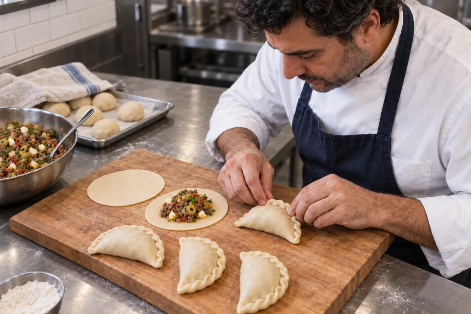 The cook crimps an empanada beside open pastry discs and the beef, egg and olive filling.