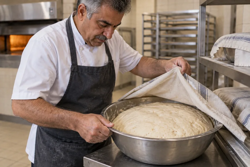 The cook lifts a cloth to inspect the puffy dough in its bowl.