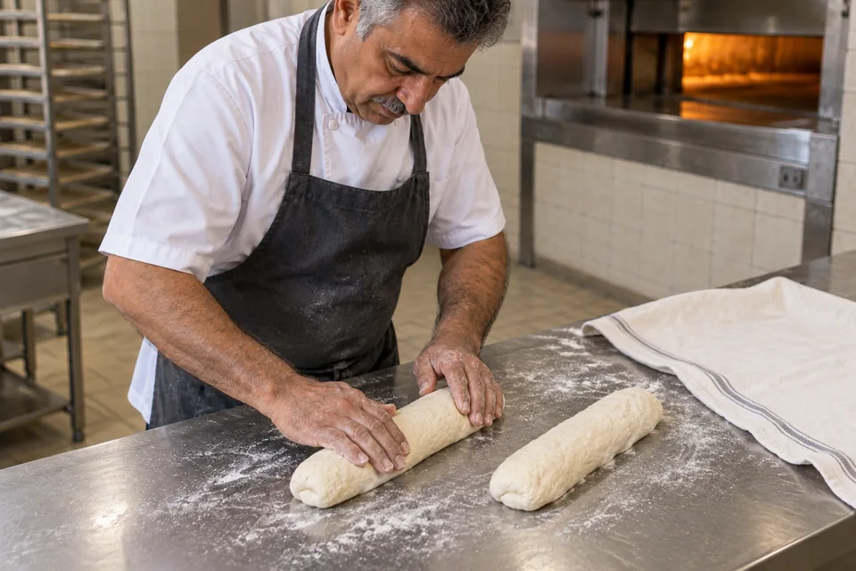 The cook shapes two short dough logs on a lightly floured worktop.