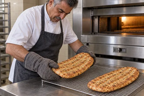 Two golden grooved barbari loaves cool on a wire rack.