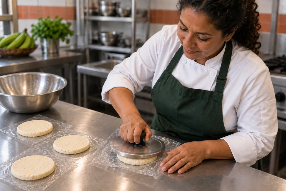Three pressed arepas lie beside a fourth being flattened under a lid between plastic sheets.