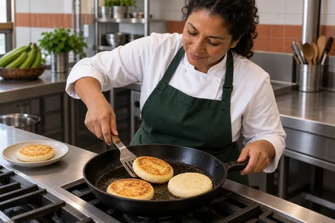 The cook turns an arepa in a skillet; four arepas have pale sides and golden crusts.