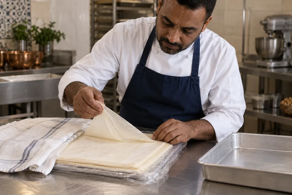A cook lifts the corner of a flexible phyllo sheet from a protected rectangular stack.