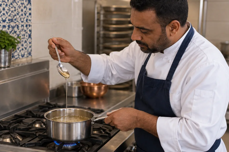 The cook lifts a spoon of clear pale syrup above a small saucepan.
