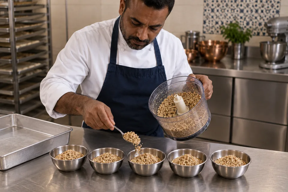 The cook portions textured walnut crumbs into five small bowls.