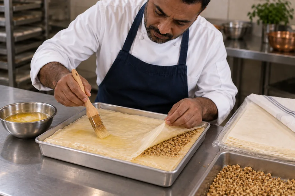 The cook brushes melted butter onto thin phyllo over a walnut layer in a rectangular pan.