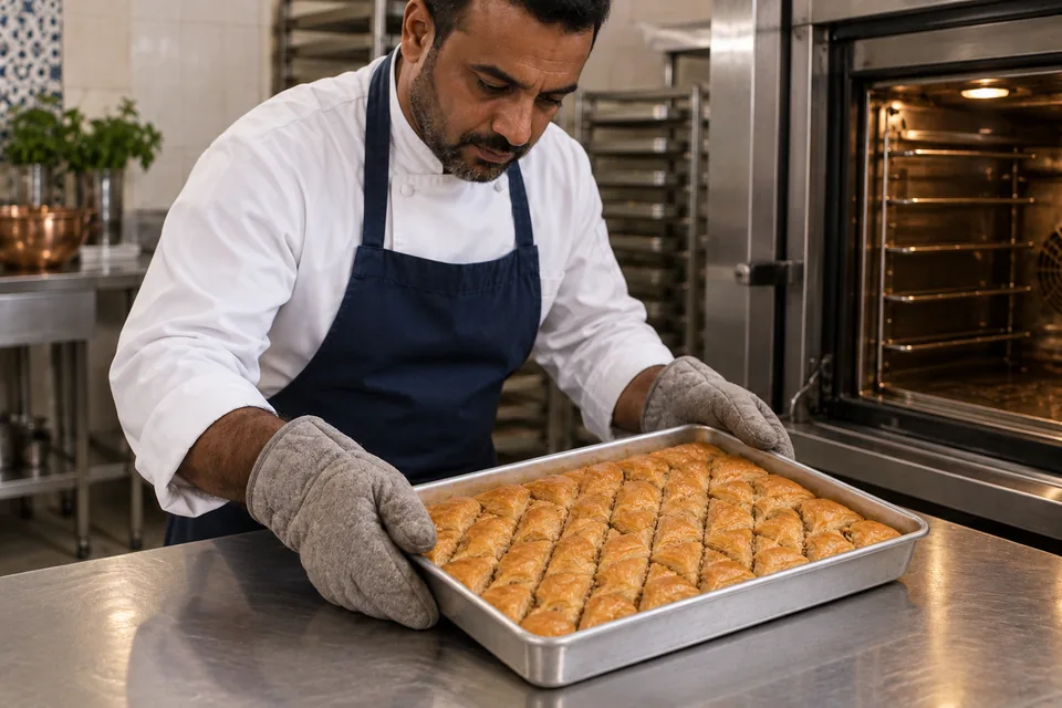 The cook sets down a full rectangular pan of golden baklava with cuts through its crisp layers.