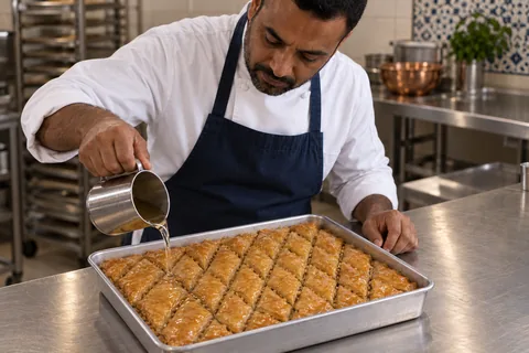 The cook pours pale syrup over the hot cut baklava, leaving every piece in the pan.
