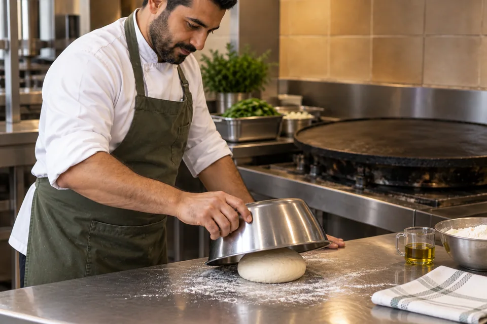 The cook lowers an inverted bowl over the dough to cover it while it rests.