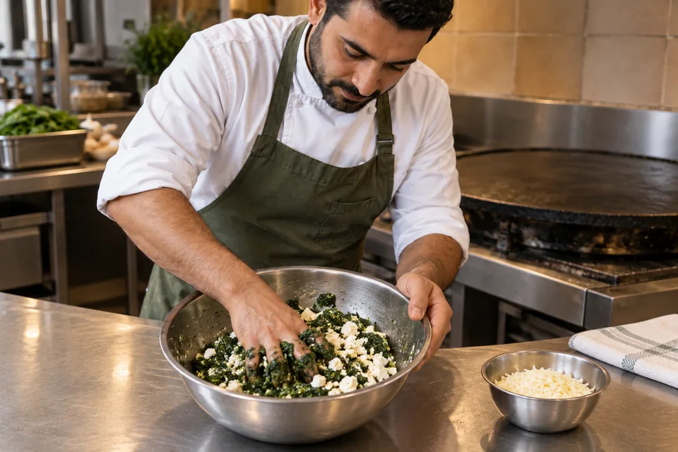 The cook folds feta through compacted spinach in a steel bowl, with grated mozzarella beside it.