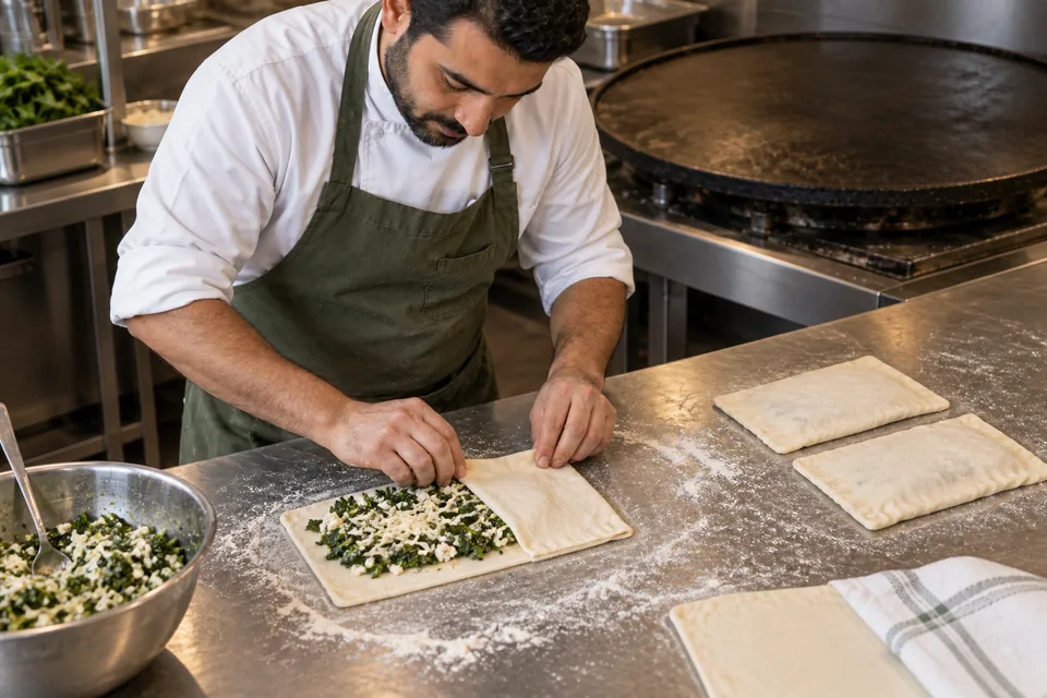 The cook folds a thin rectangle of dough over spinach and cheese beside other prepared parcels.